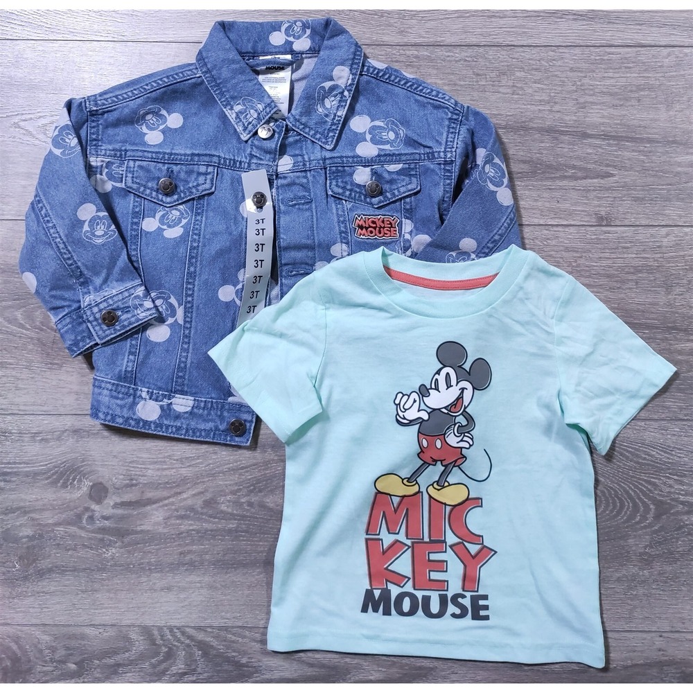 Disney Mickey Mouse Outfit 3T Blue Denim Jacket T-Shirt Set Toddler Boys Girls